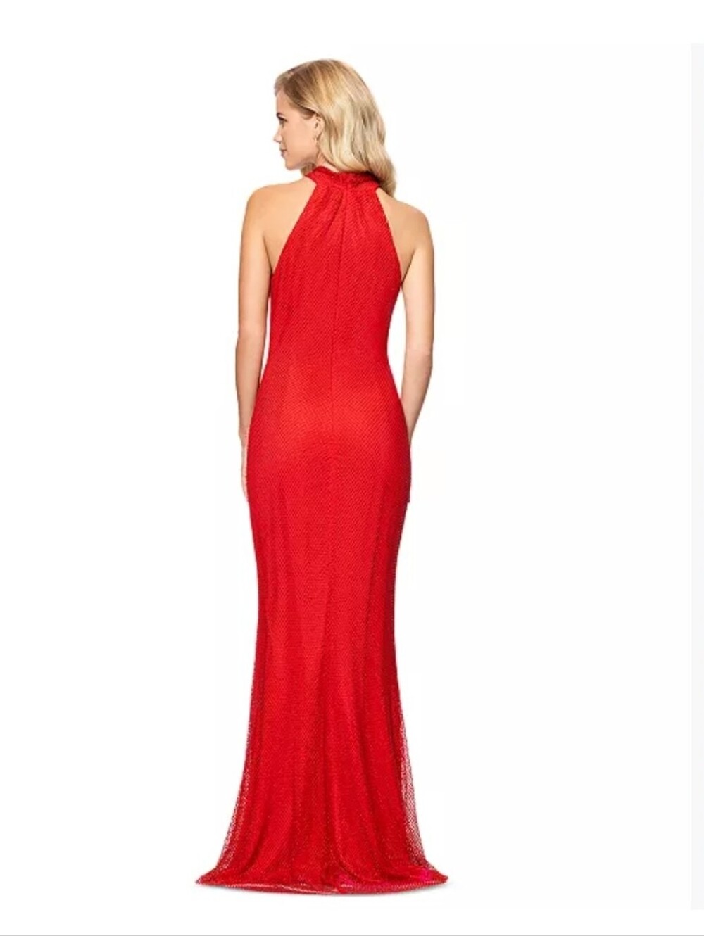 Betsy & Adam Red Mesh Rhinestone Halter Sleeveless Sheath Gown Size 12 NWT $380 - Picture 3 of 9